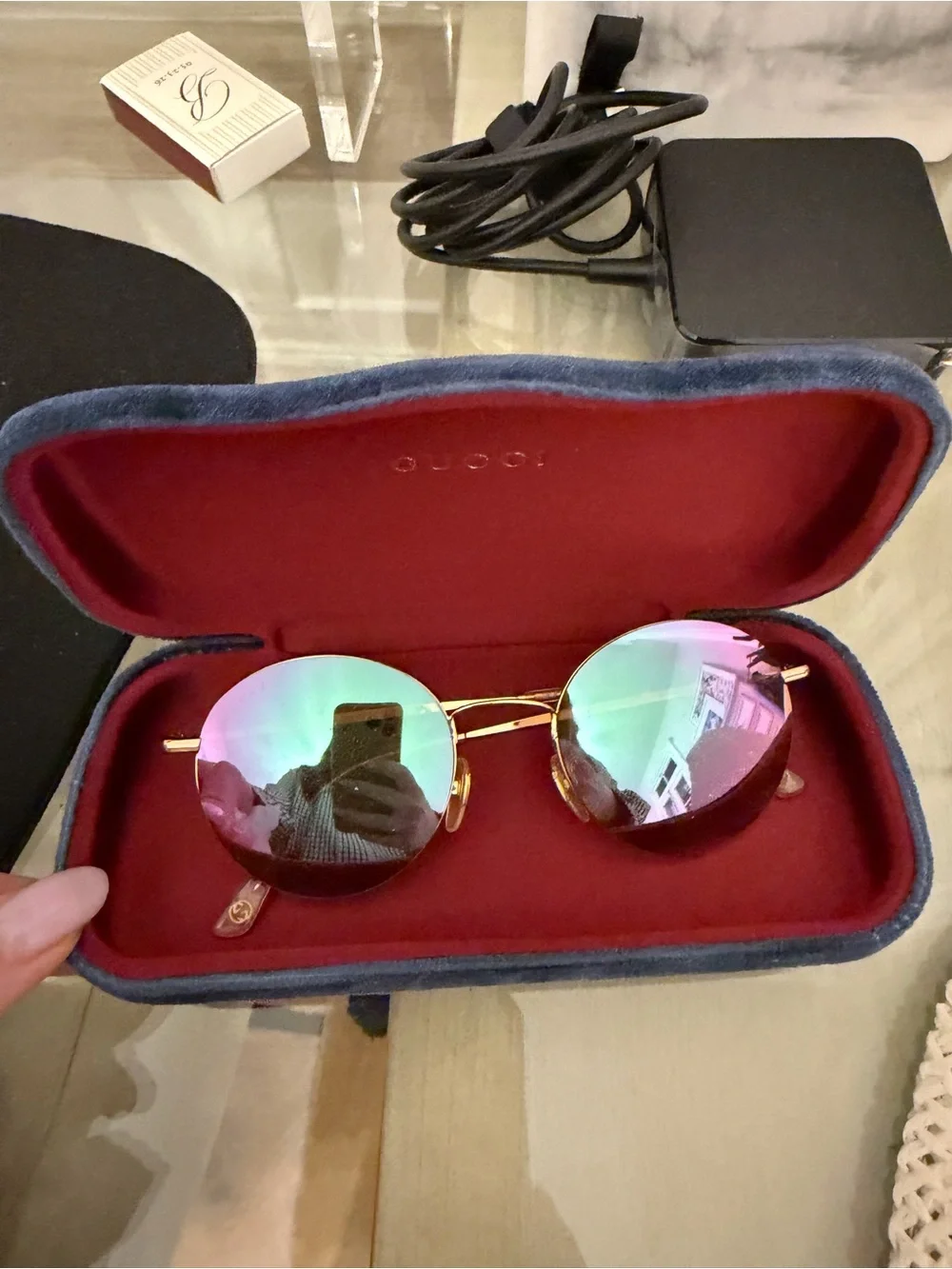 Gucci GG4272/S Round Gold Mirrored Sunglasses Pink Blue Flash Lens w/ Case